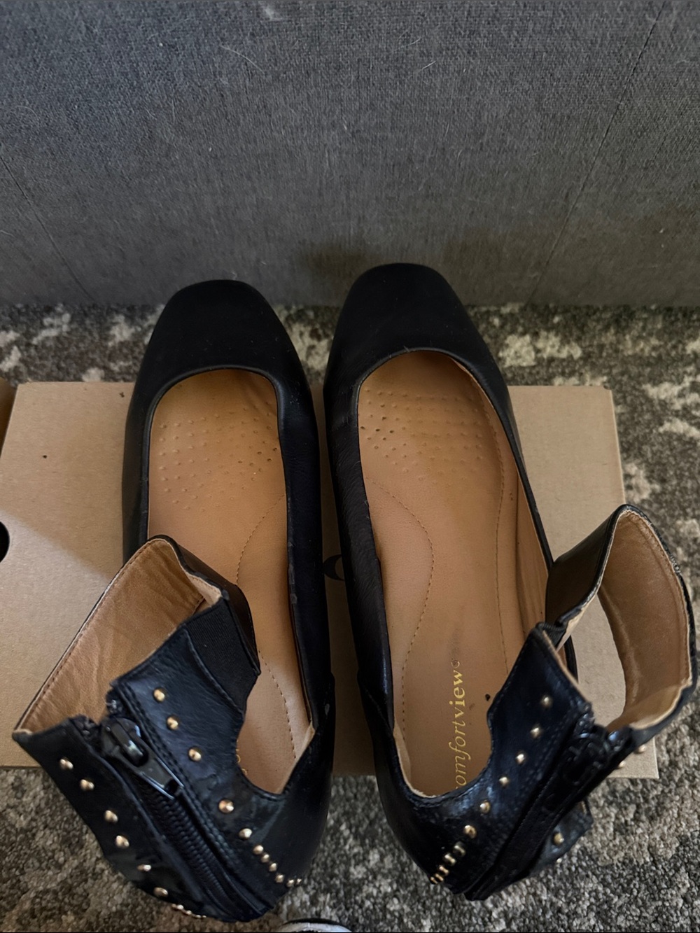comfortview Black Studded Ballet Flats with Ankle Strap